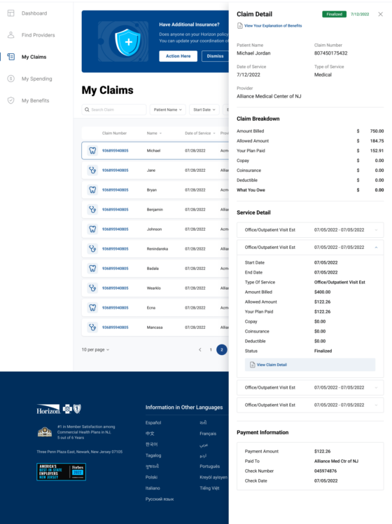 Horizon BCBS Member Patient Portal – Claim Details Page